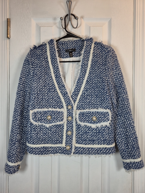 Aqua Jackets & Blazers - AQUA Blue & White Tweed Fringed Jacket Pearl Buttons Size XS Chanel Style